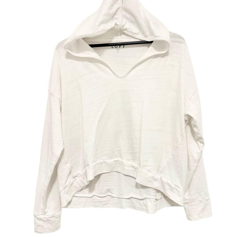 LOFT Cotton Slub Long Sleeve Pure White Hooded Pullover Beach Size Large